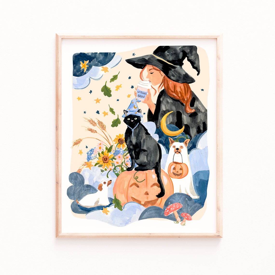Halloween Witch Black Cat and Ghost Dogs Art Print