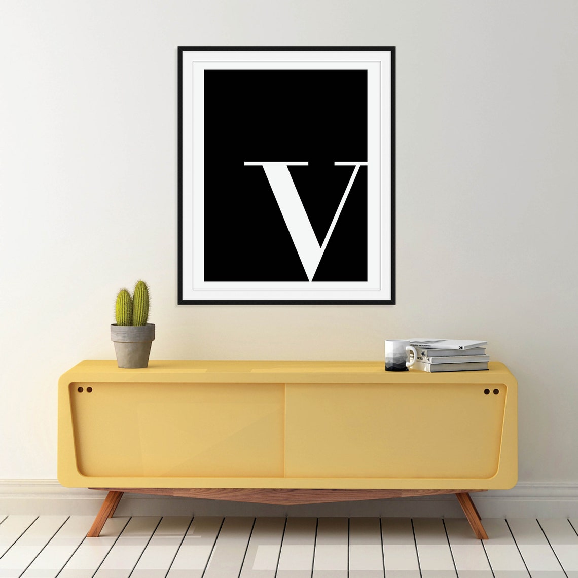 Uppercase Letter V Monogram Poster White on Black Modern Decor - Image 2