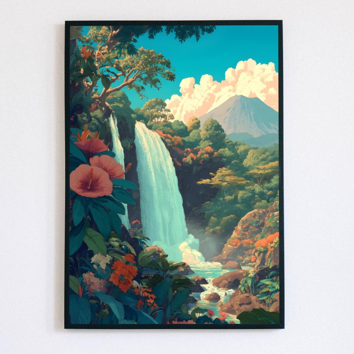 Tropical Waterfall Hibiscus Jungle Volcano Island Travel Poster