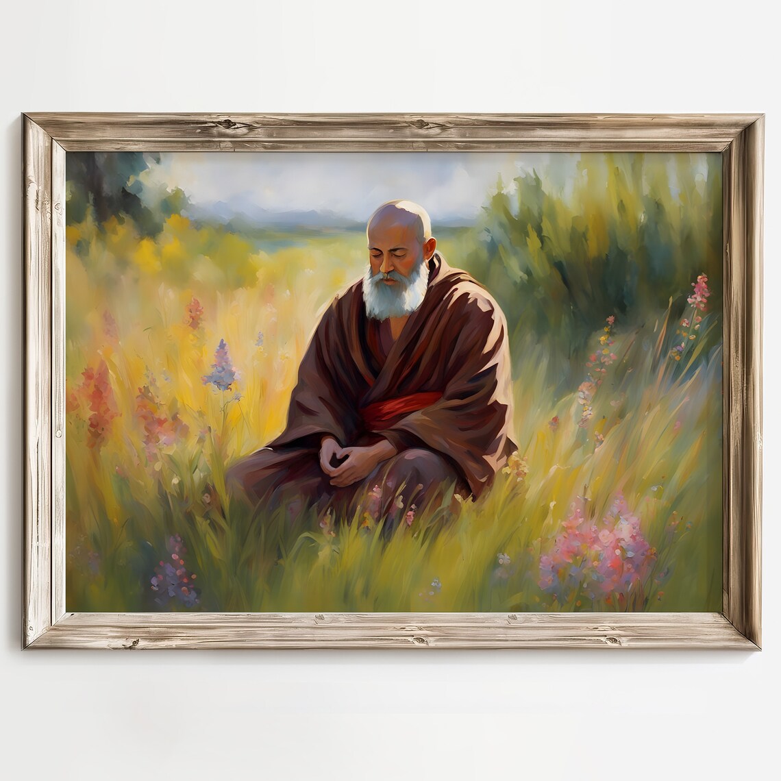 Elderly Monk Meditating in a Sunlit Wildflower Meadow Poster - Image 2