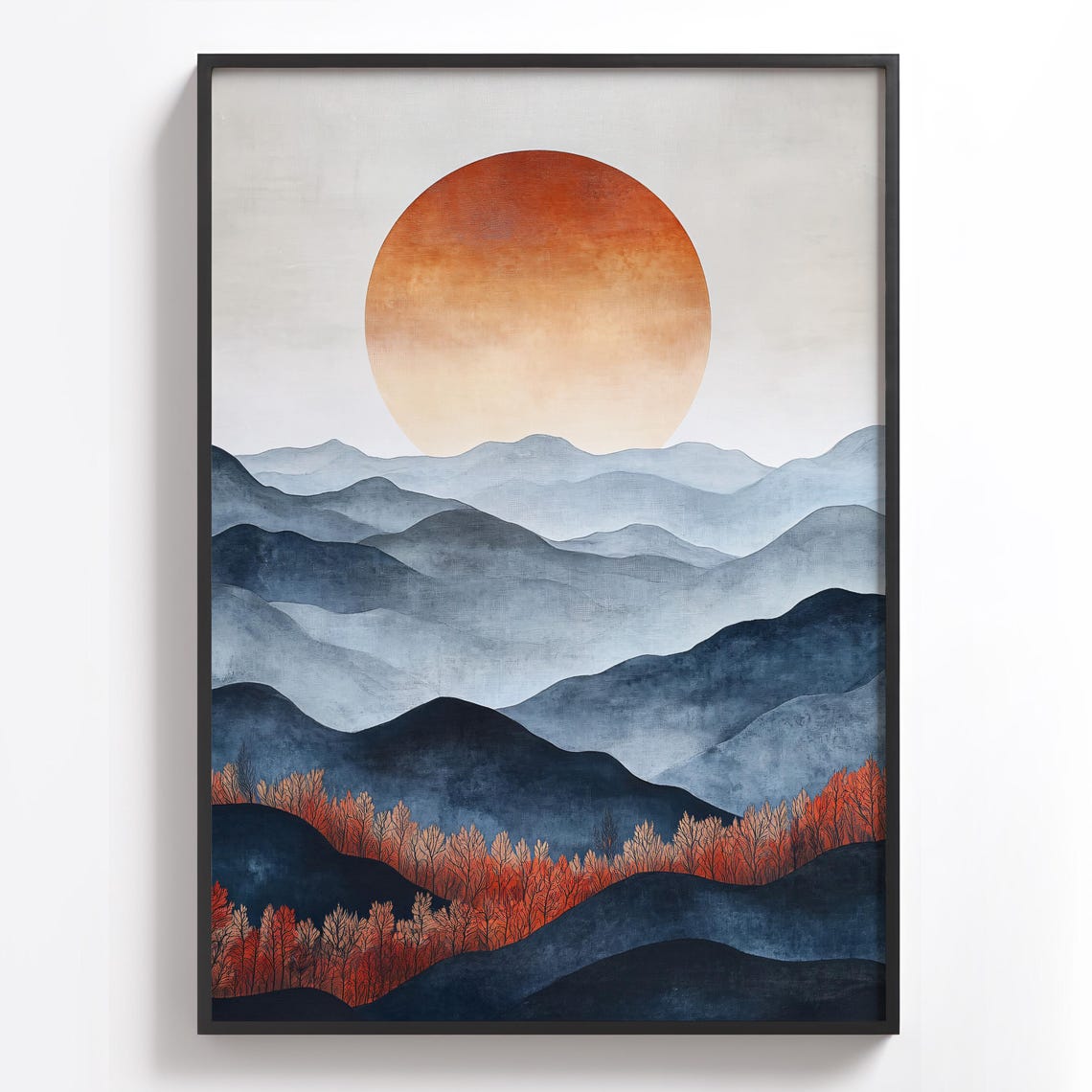Layered Blue Mountains with a Giant Orange Sun Abstract Print - Image 3