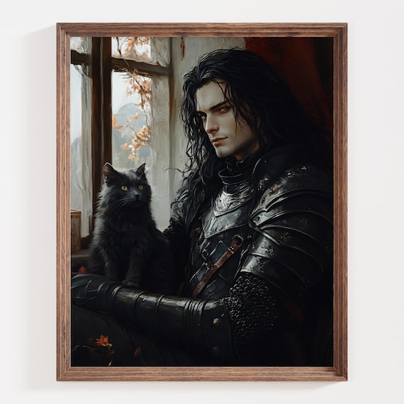 Armored Dark Knight With a Black Cat Gothic Portrait Art Poster
