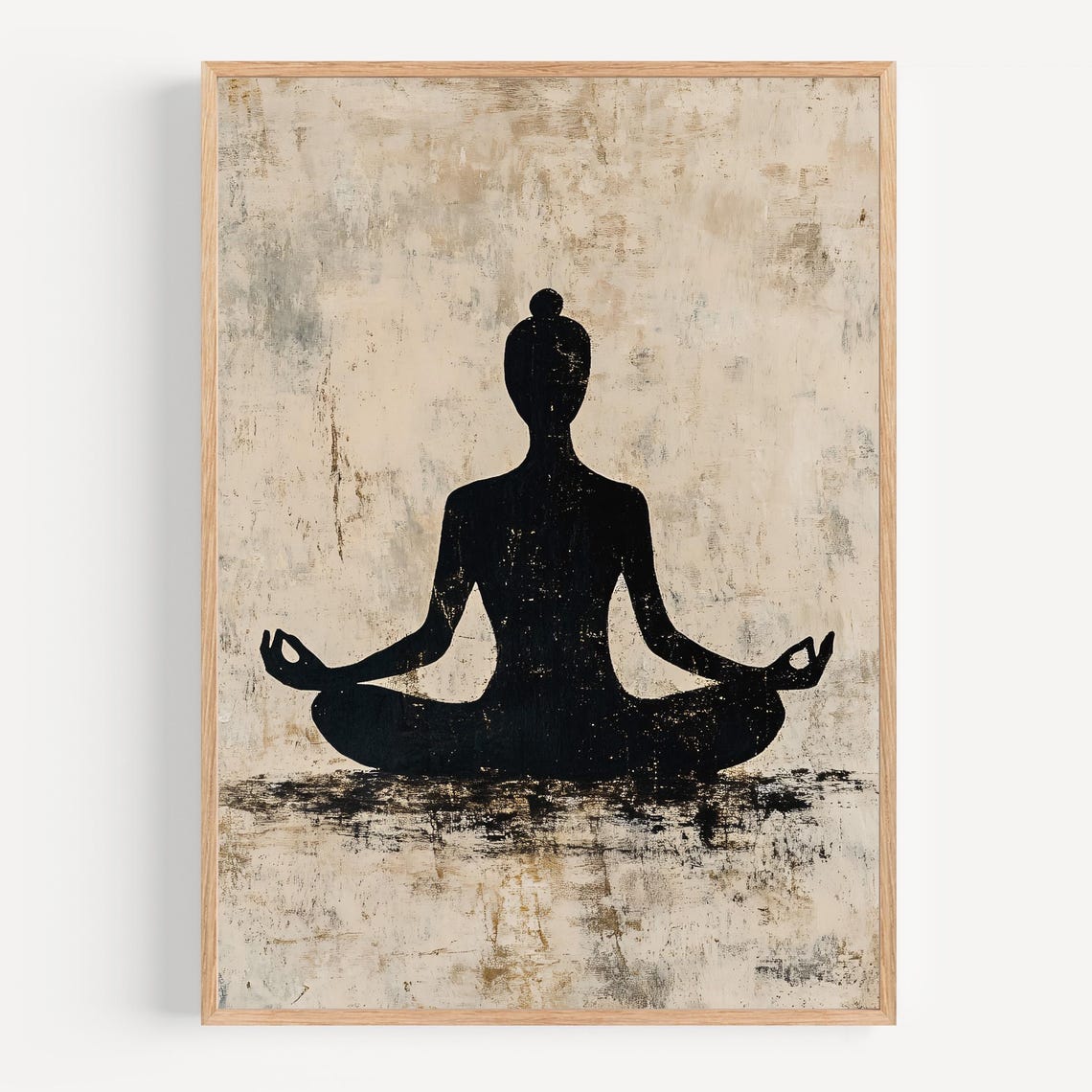 Black Silhouette of a Meditating Figure on Beige Canvas Poster - Image 2