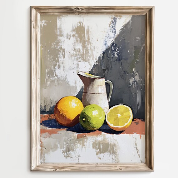 Still Life Art Print Citrus Fruit Wall Decor Modern Kitchen Artwork Rustic Pitcher Painting Neutral Color Palette Farmhouse Style