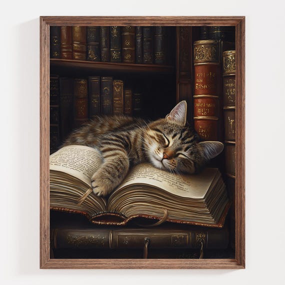 Sleeping Cat Vintage Library Art Print, Bookish Decor