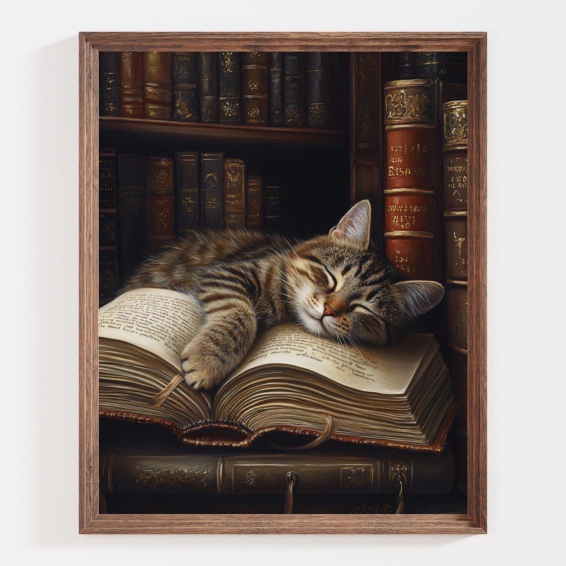Sleeping Cat Vintage Library Art Print, Bookish Decor