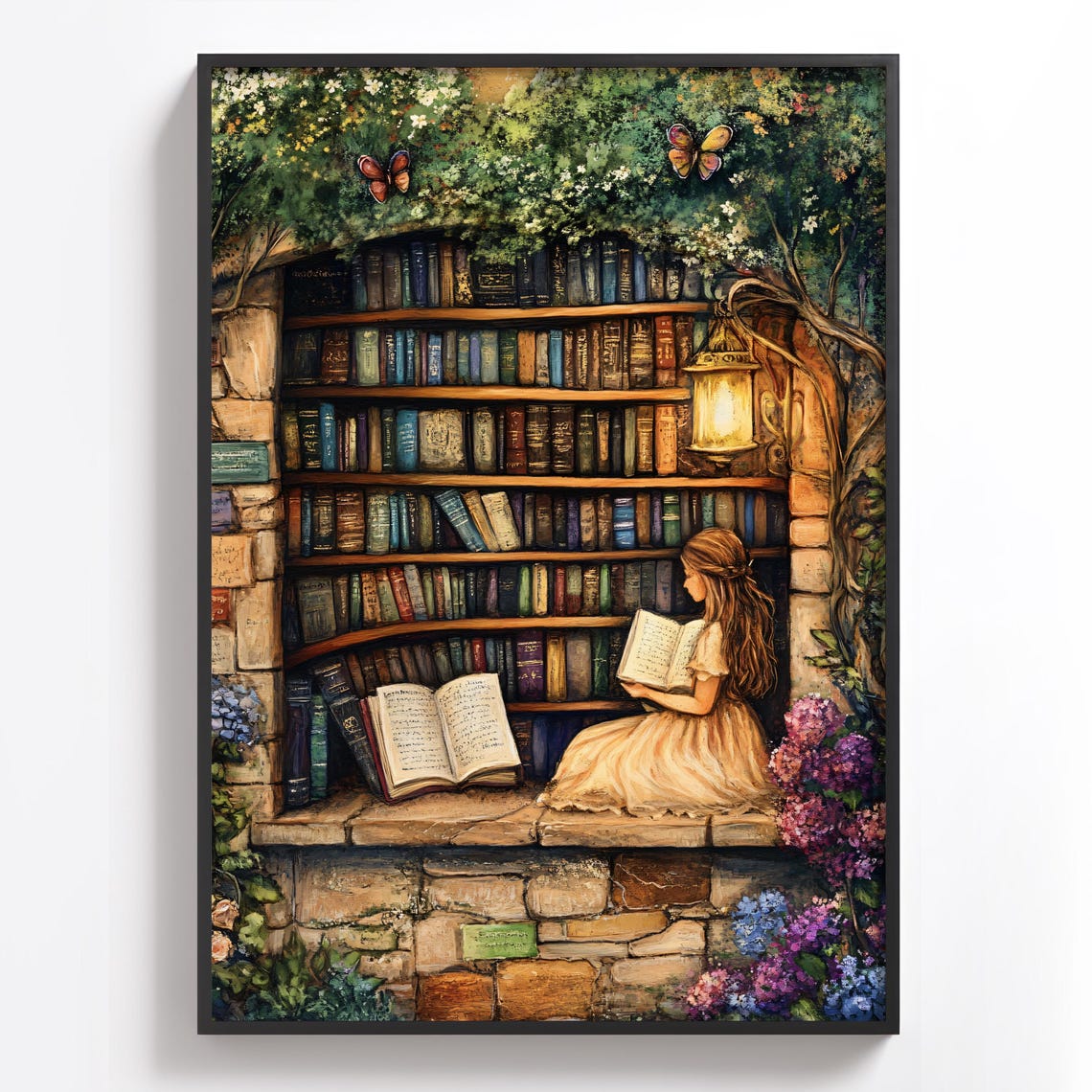 Little Girl Reading in a Hidden Stone Library Alcove Wall Art - Image 2
