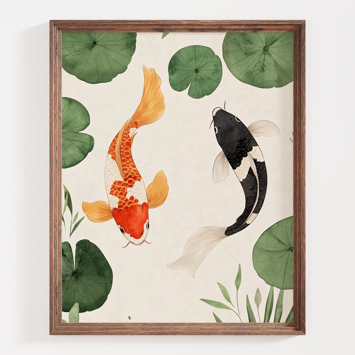 Koi Watercolor Art Print, Japanese Zen Lily Pad Pond