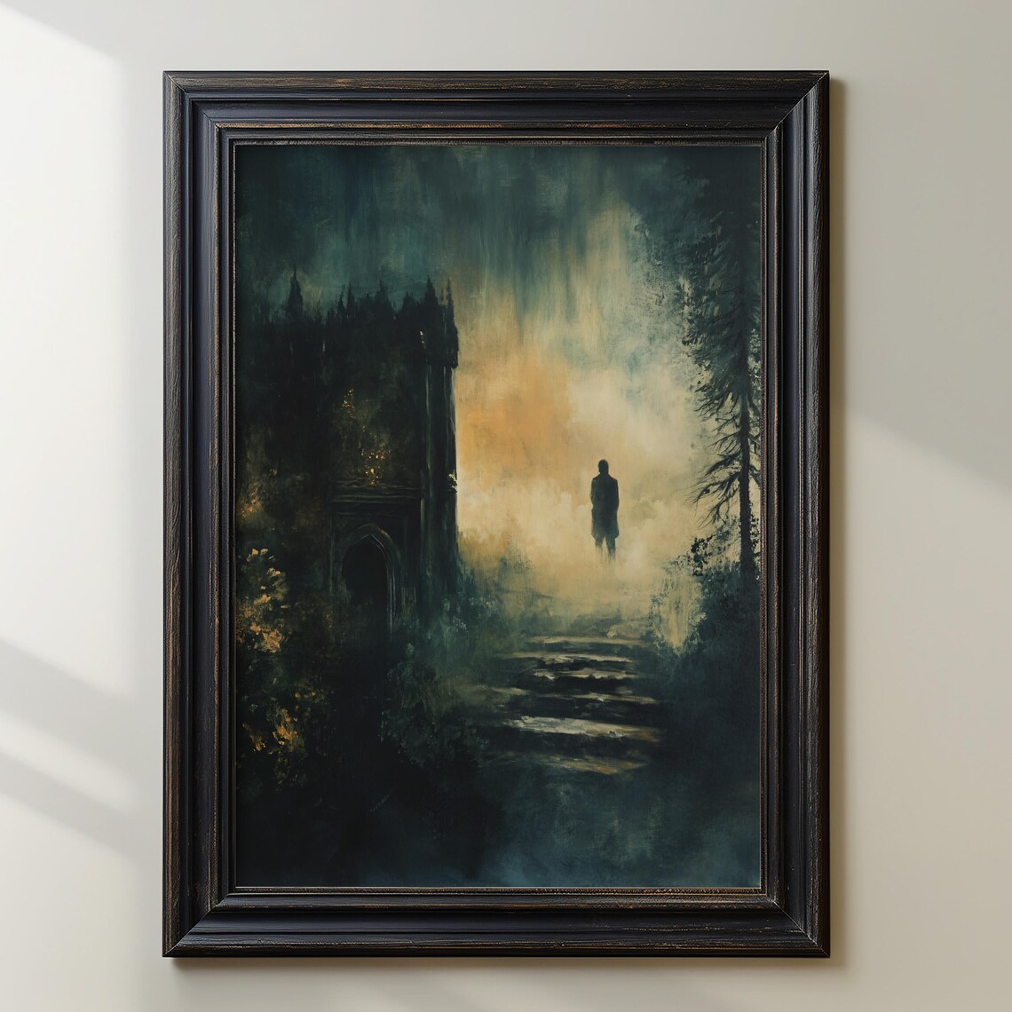 Gothic Castle In Fog Lone Figure Dark Fantasy Mystery Scene Poster