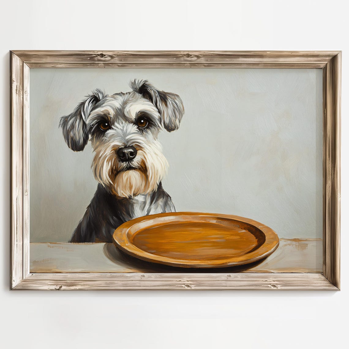 Schnauzer Begging For Food Funny Empty Plate Dog Humor Scene Poster