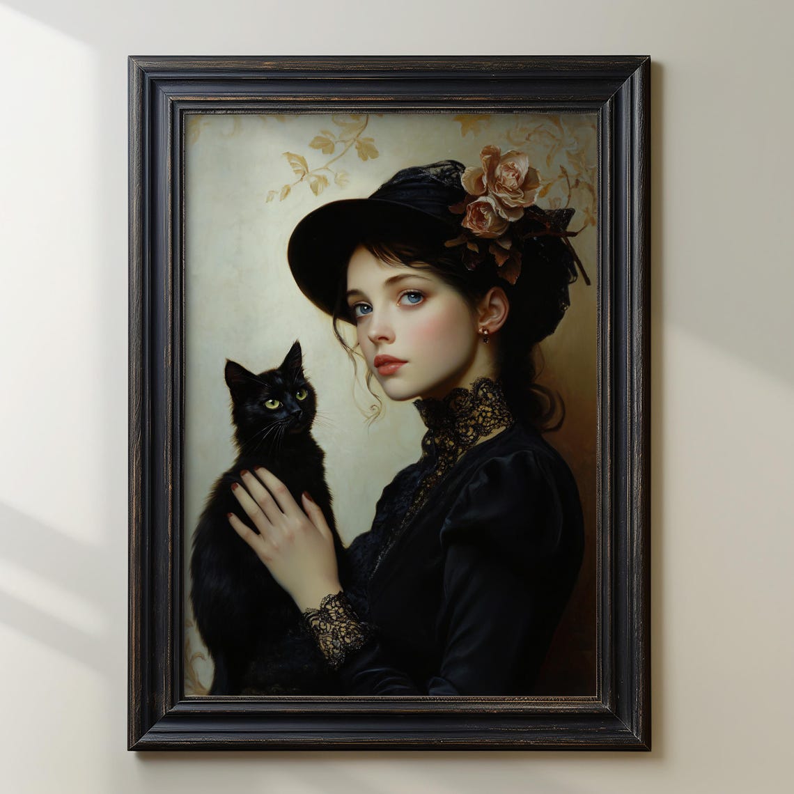 Victorian Lady in Black Lace Holding a Black Cat Portrait Poster