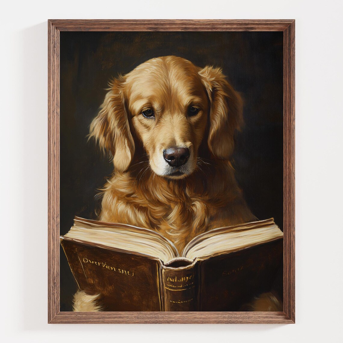 Golden Retriever Reading an Open Book Cozy Library Portrait Poster