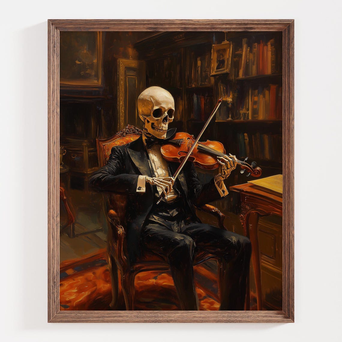 Seated Skeleton Violinist in a Vintage Library Gothic Dark Poster - Image 3