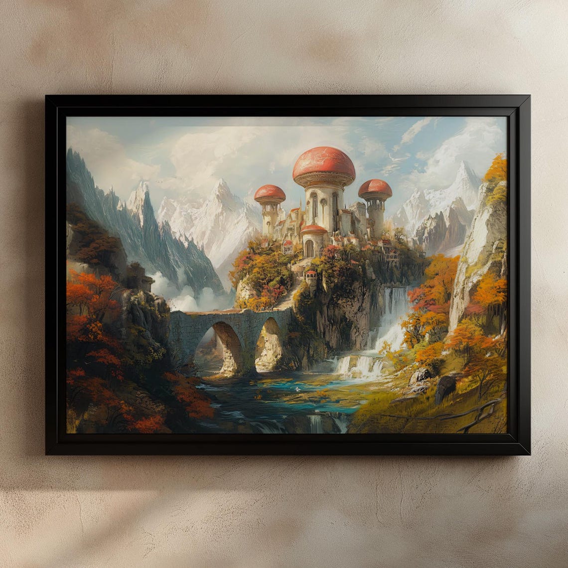Mushroom Castle Bridge and Waterfall Fantasy Landscape Poster - Image 3