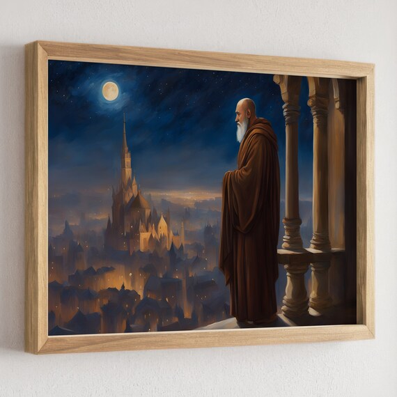 Monk Gazing at a Moonlit Cathedral Above a Night City Poster