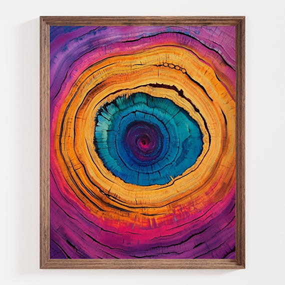 Vibrant Abstract Tree Rings Print Colorful Wood Art Psychedelic Forest Artwork Wood Slice Wall Art Rainbow Tree Ring Art