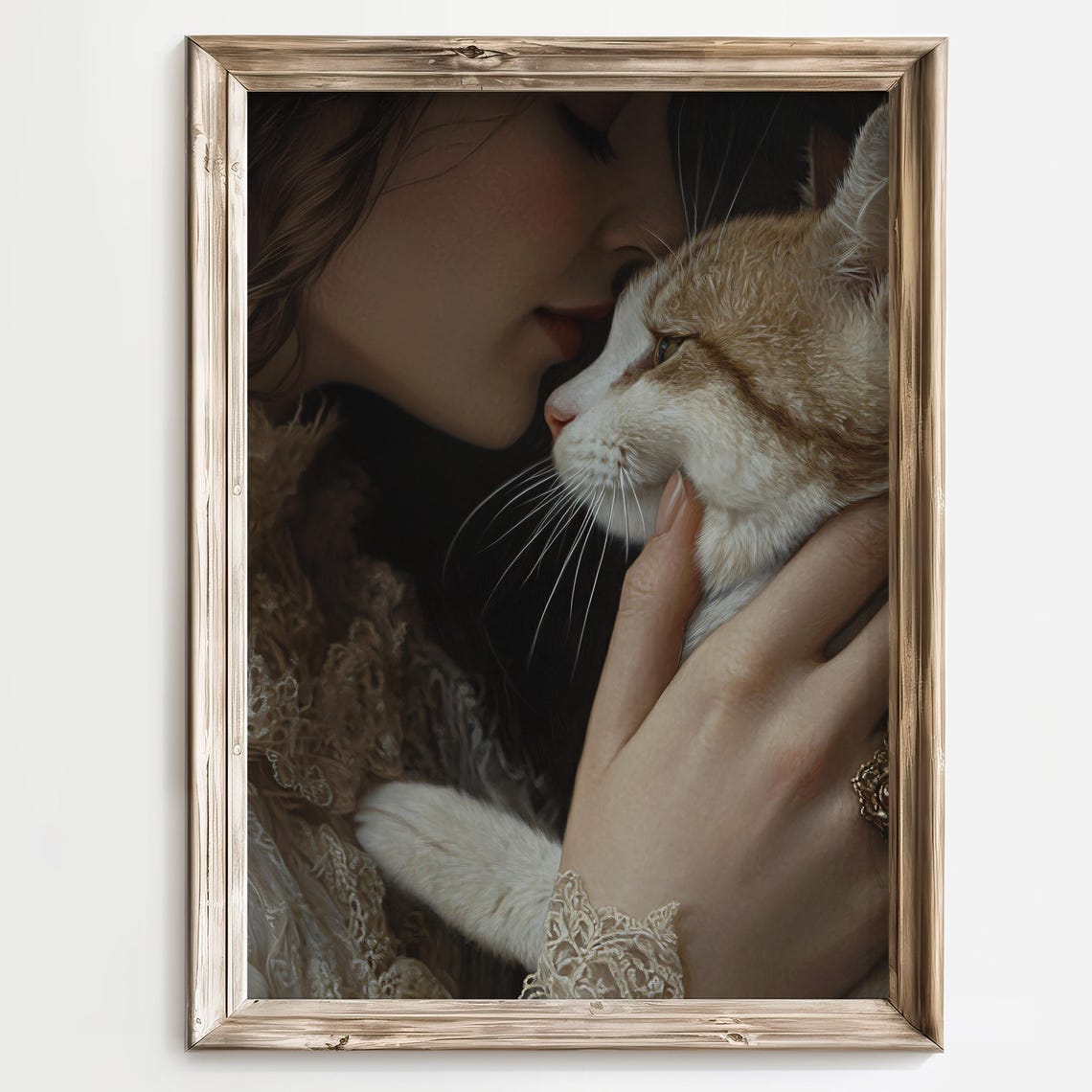 Woman Kissing an Orange and White Cat Romantic Portrait Poster