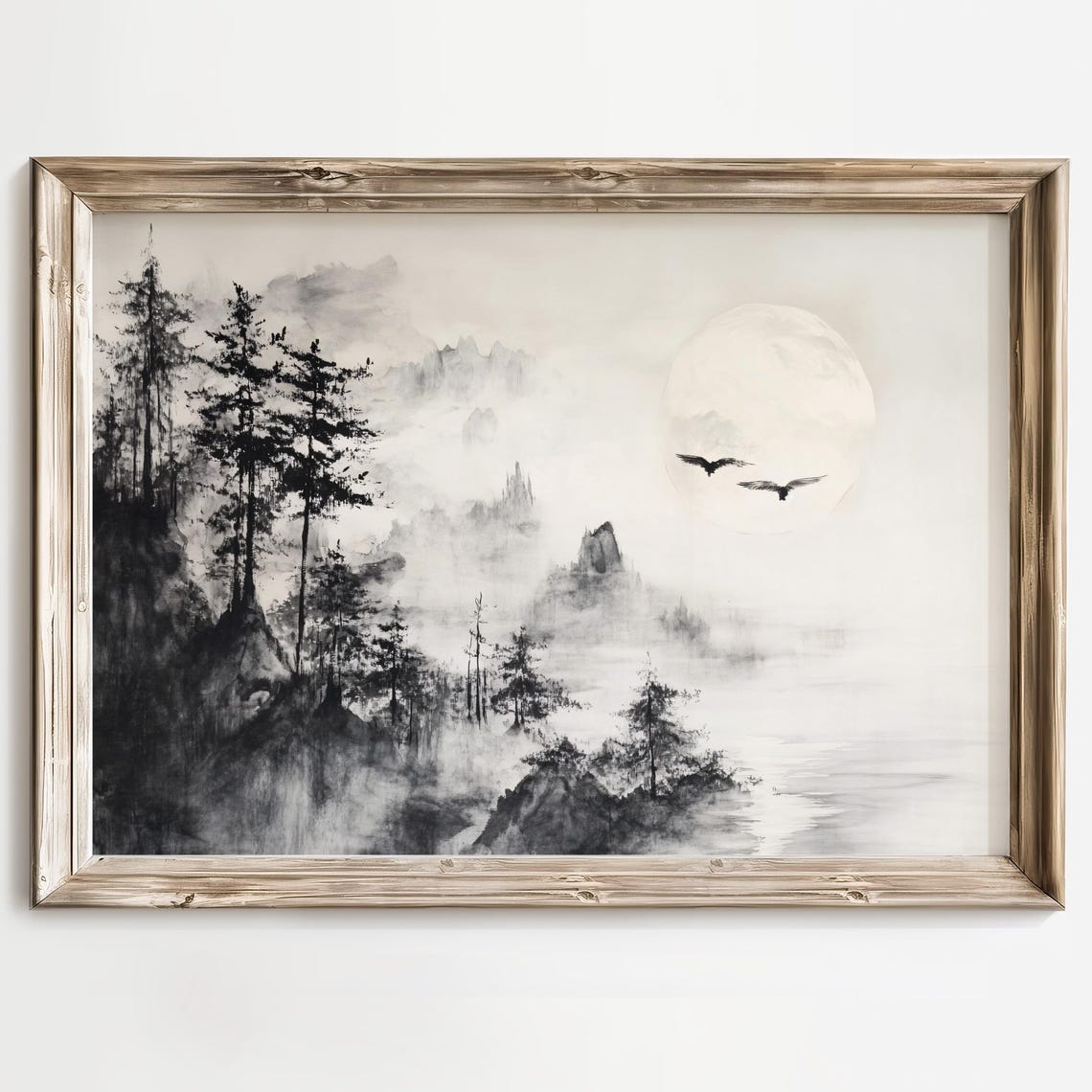 Moonlit Sumi E Mountain Landscape with Flying Birds Ink Wash Poster - Image 2