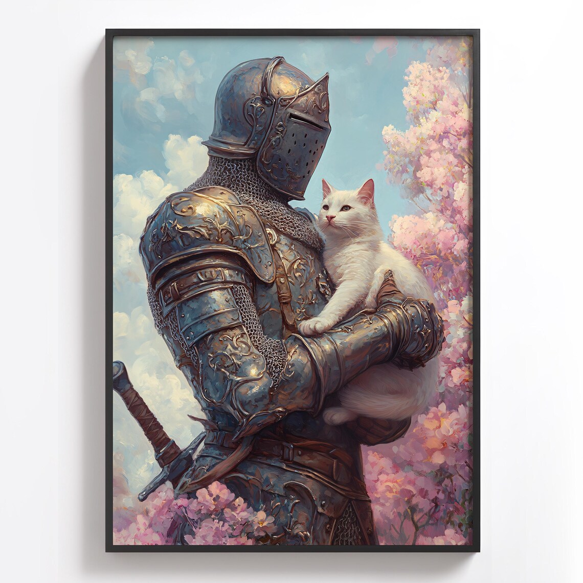 Knight With Cat, Whimsical Medieval Armor Poster Print - Image 2