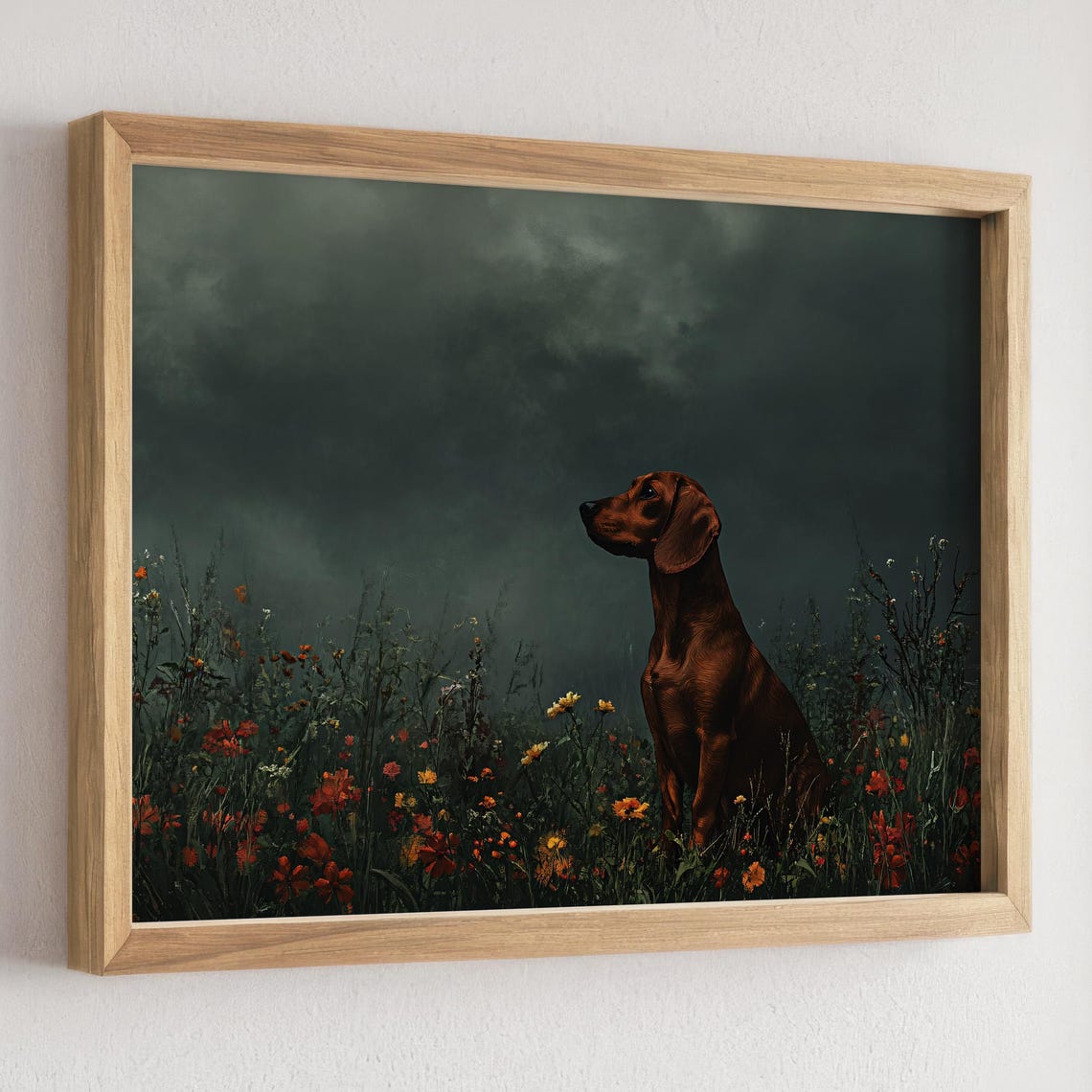 Dachshund Standing in Wildflowers Under a Stormy Dark Sky Poster - Image 2