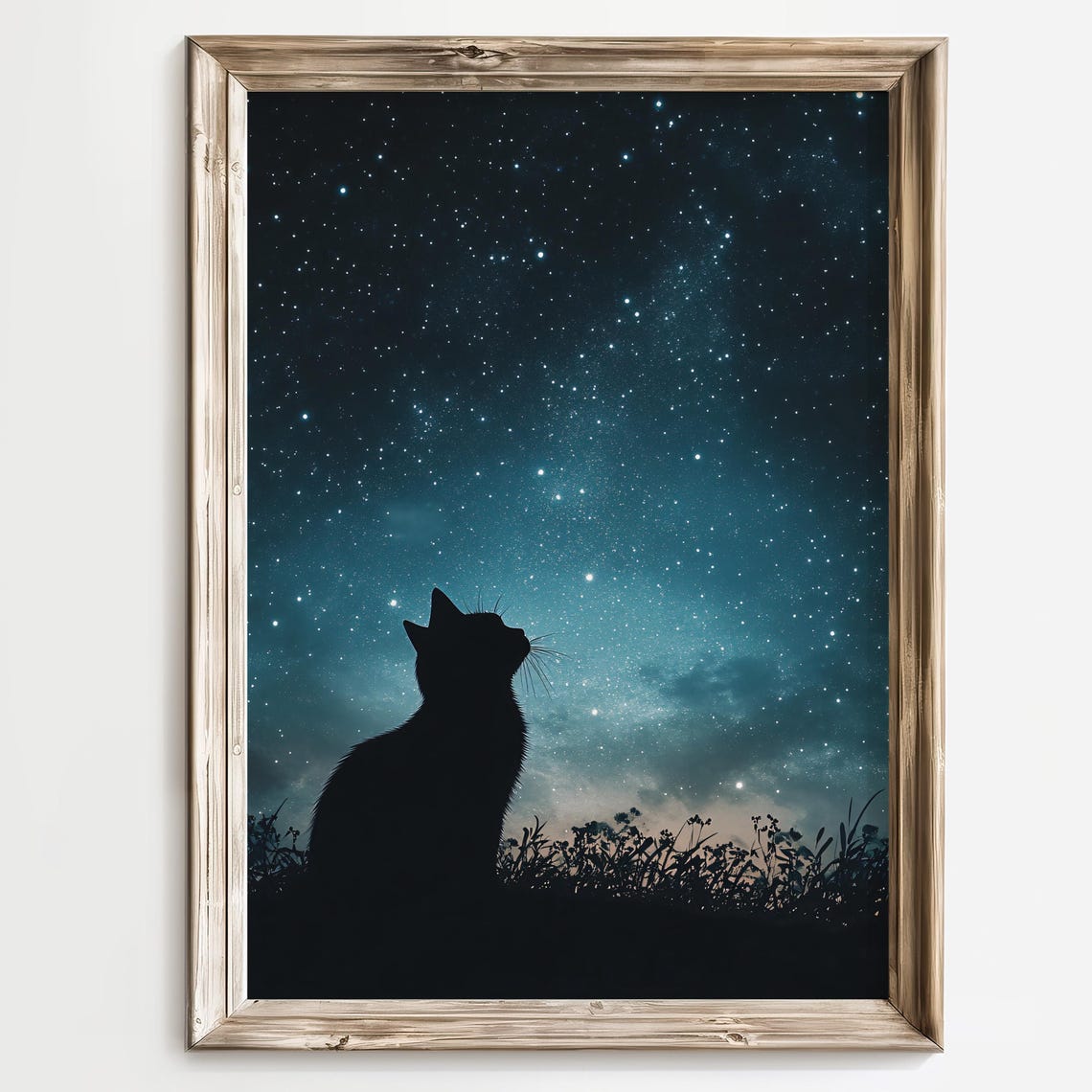 Black Cat Silhouette Under a Starry Night Sky Celestial Poster - Image 2