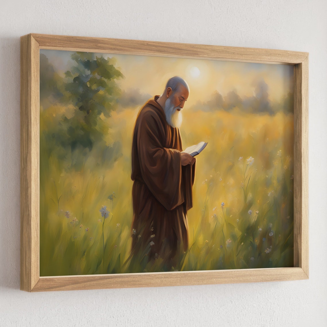 Elderly Monk Reading a Book in a Golden Wildflower Meadow Poster - Image 3