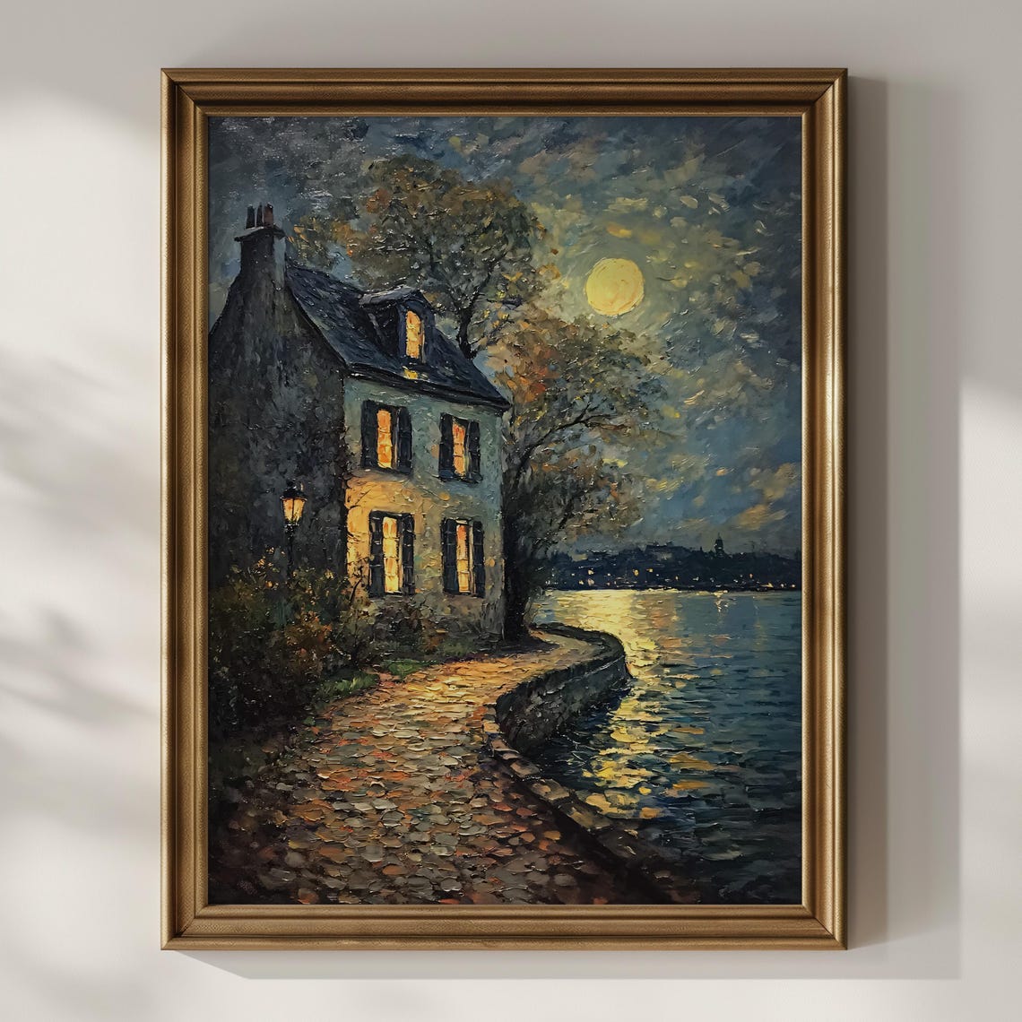 Romantic Moonlit Cottage Impressionist Nightscape River Reflections Art Print Cozy Home By Water Warm Window Glow Evening Serenity - Image 2