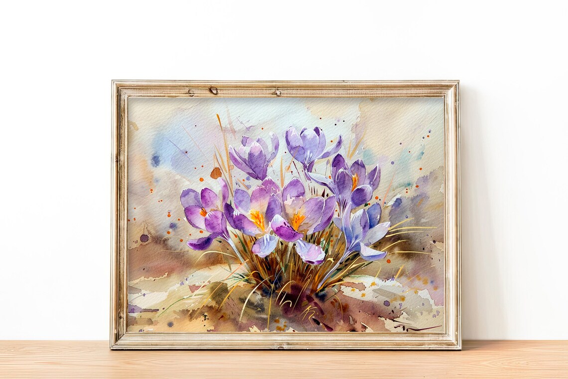 Crocus Watercolor Purple Spring Flowers Blooming Garden Poster