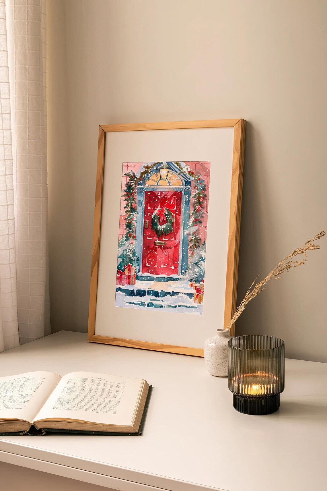 Christmas Doorway Watercolor Art Print, Winter Holiday - Image 2
