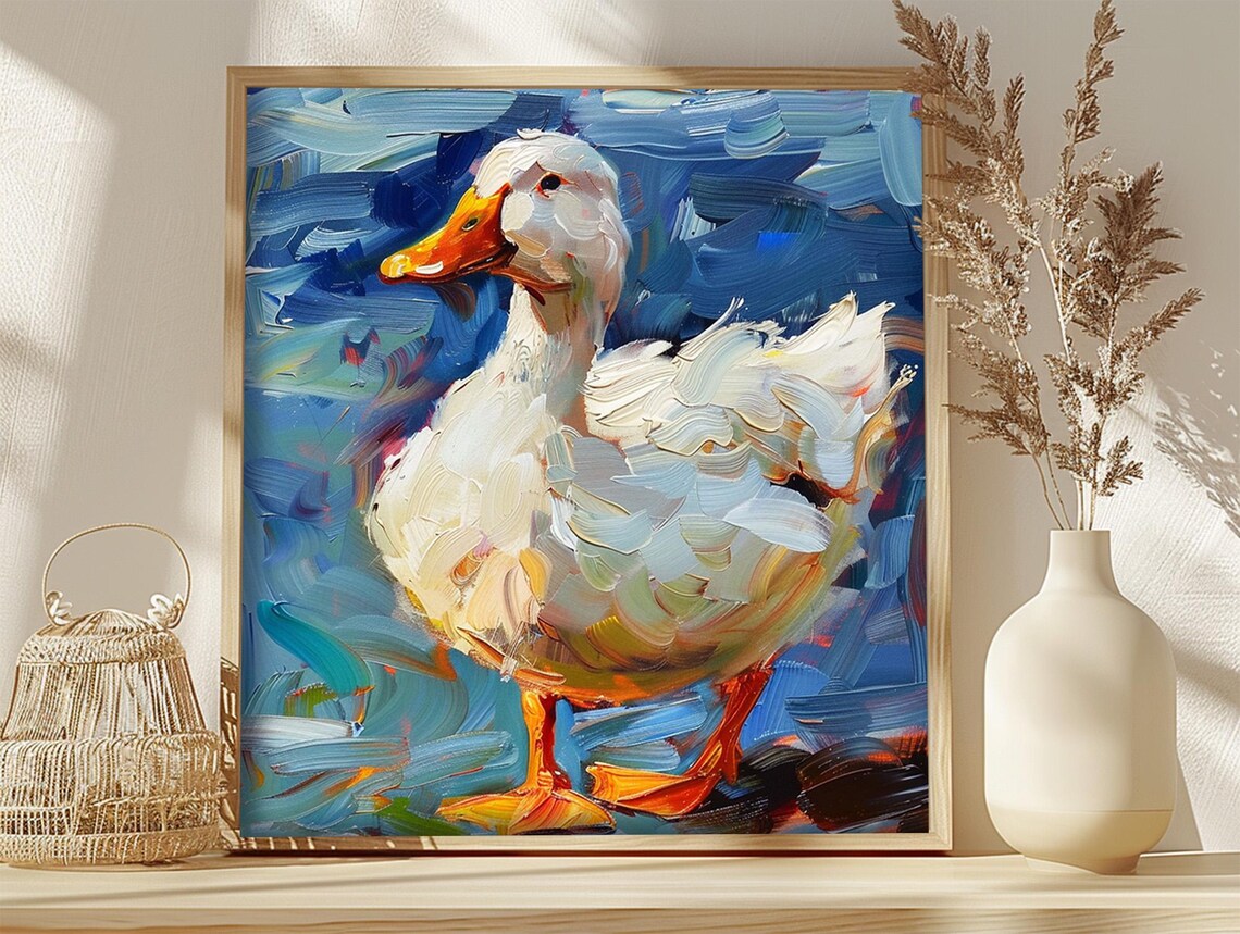 White Duck Oil Painting Impasto Bird Bright Blue Nature Art Poster - Image 3