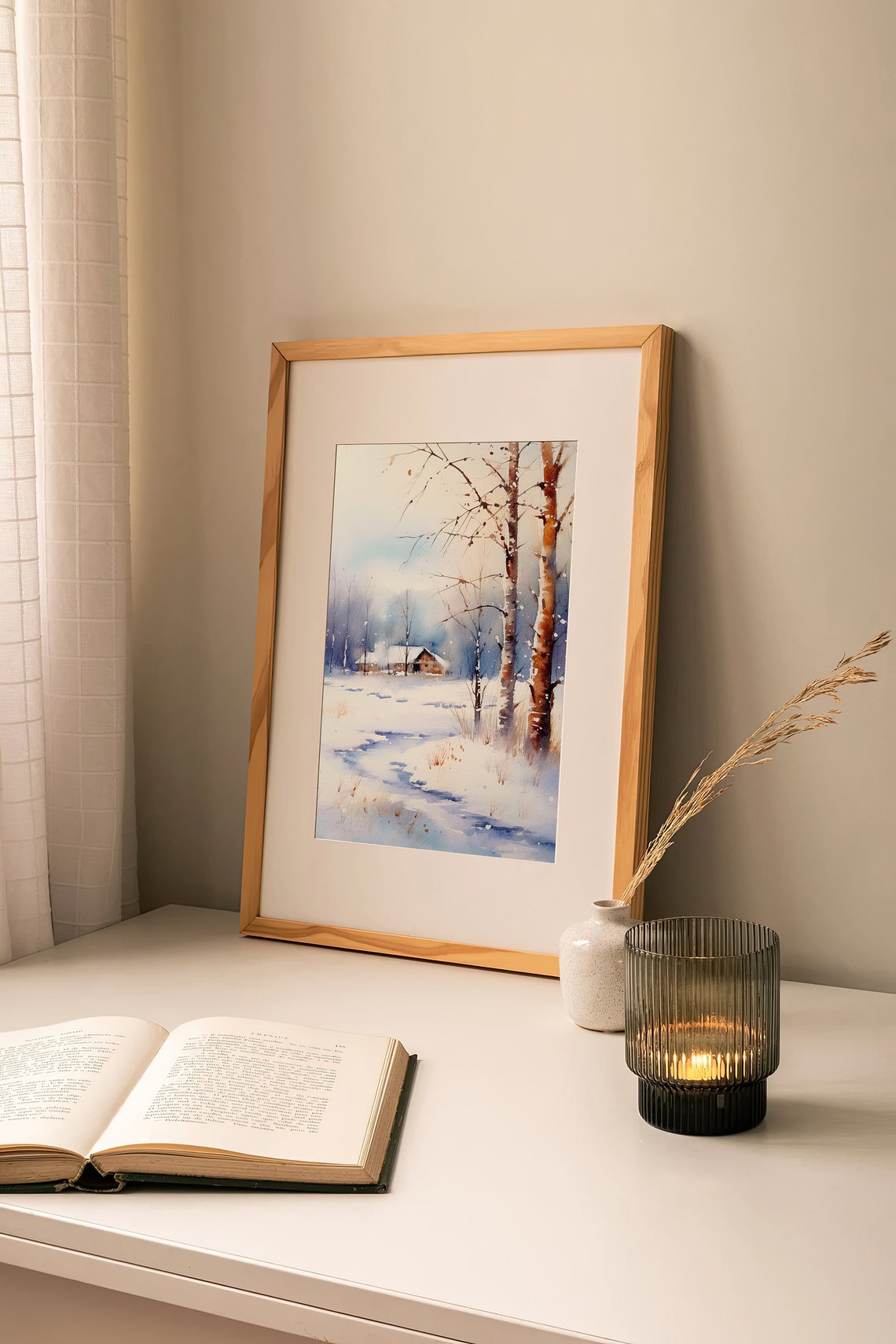 North Dakota Winter Watercolor Snowy Cabin Birch Trees Scene Poster - Image 3