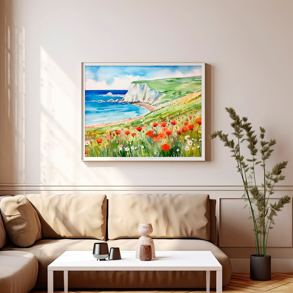 France White Cliffs Seascape Red Poppy Meadow Watercolor Poster - Image 3