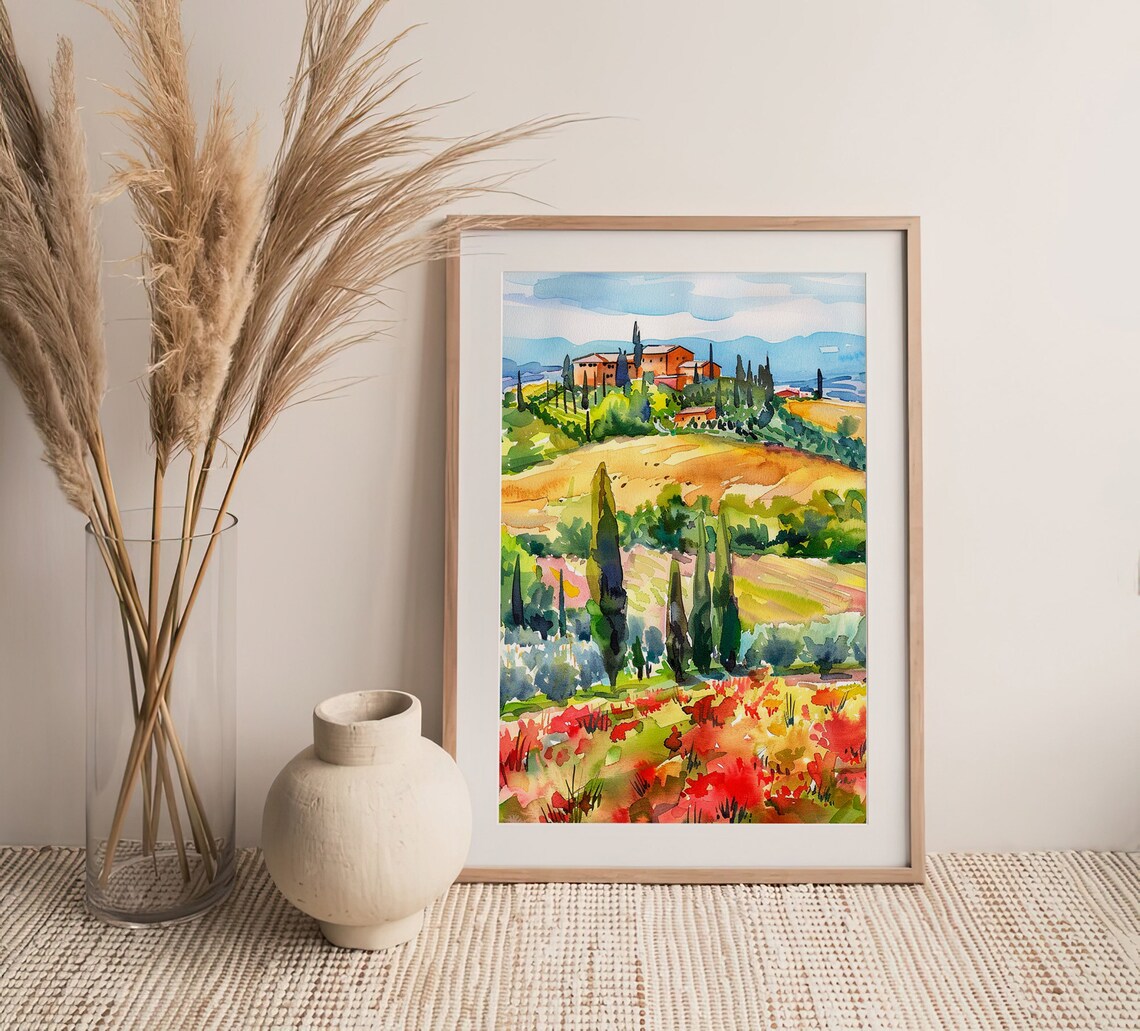 Tuscany Hilltop Villa Red Poppy Field Watercolor Italian Poster - Image 4