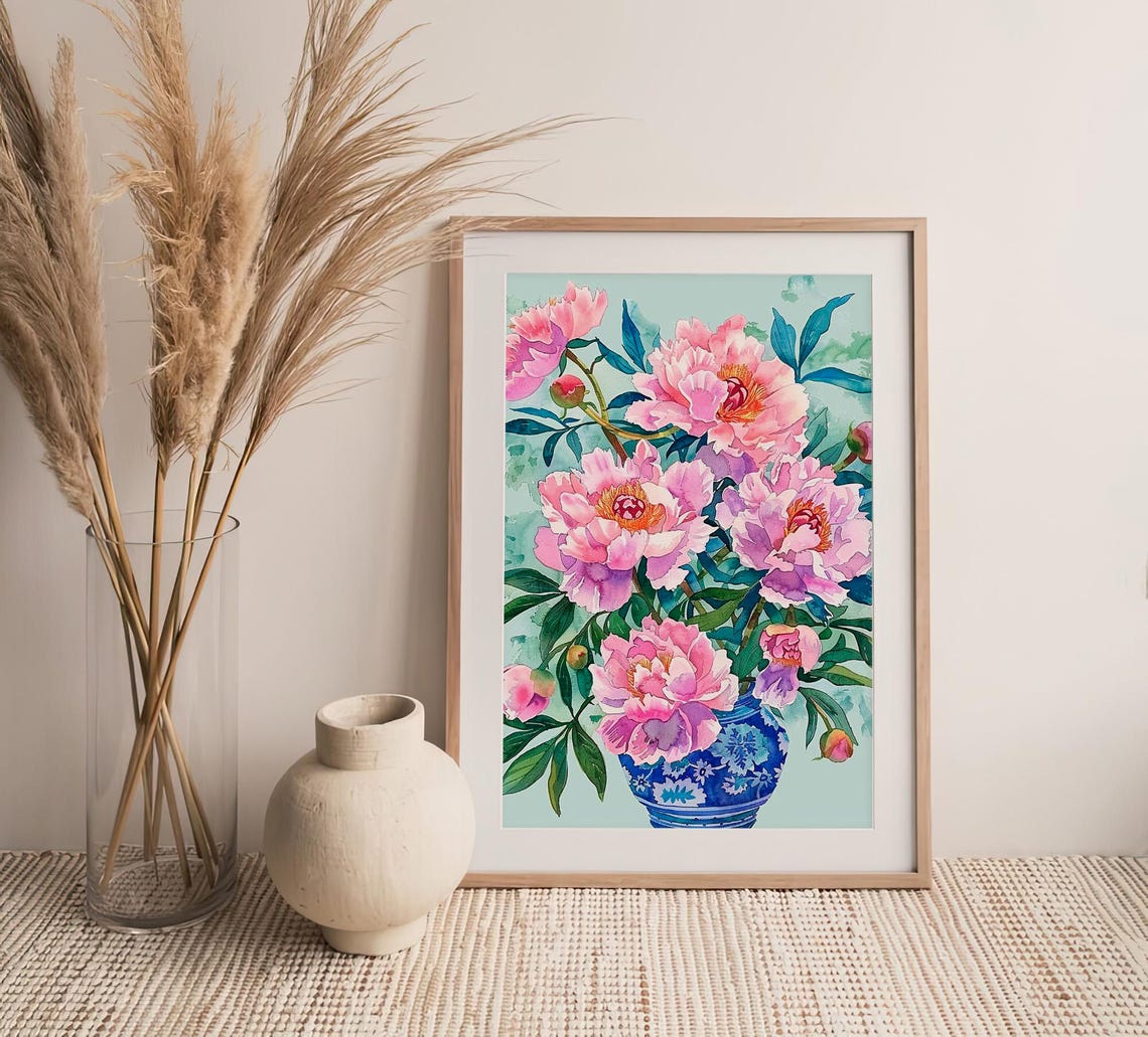 Pink Peonies Blue Porcelain Vase Blooming Watercolor Nature Art Poster - Image 4