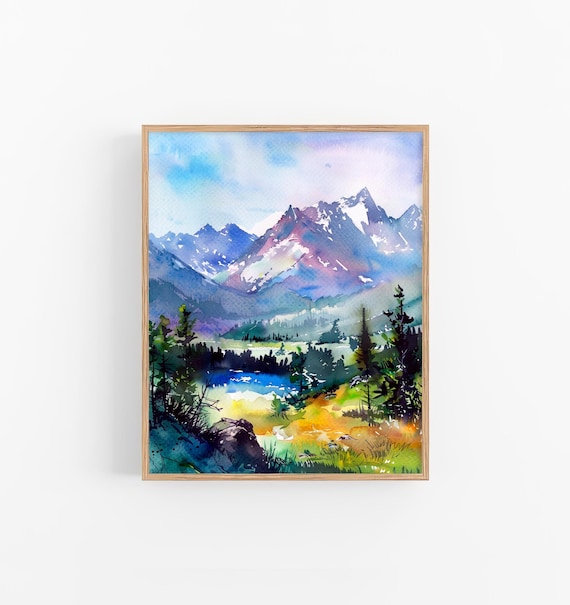 Rocky Mountains Watercolor Art Print, Grand Tetons