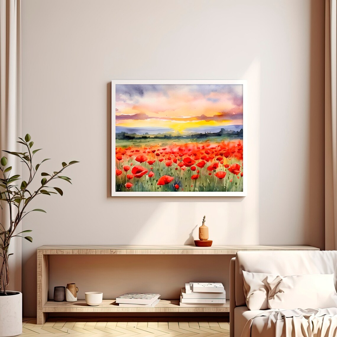 Poppy Meadow Landscape Watercolor Art Print, Tuscany - Image 4