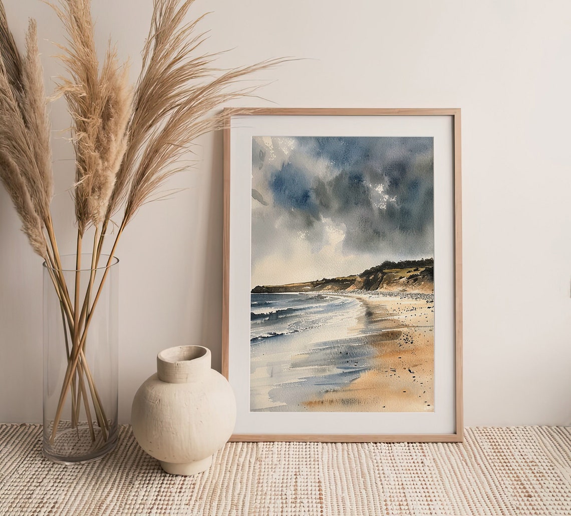 Cornwall Coastline Watercolor Sandy Beach Waves Headland Poster - Image 4