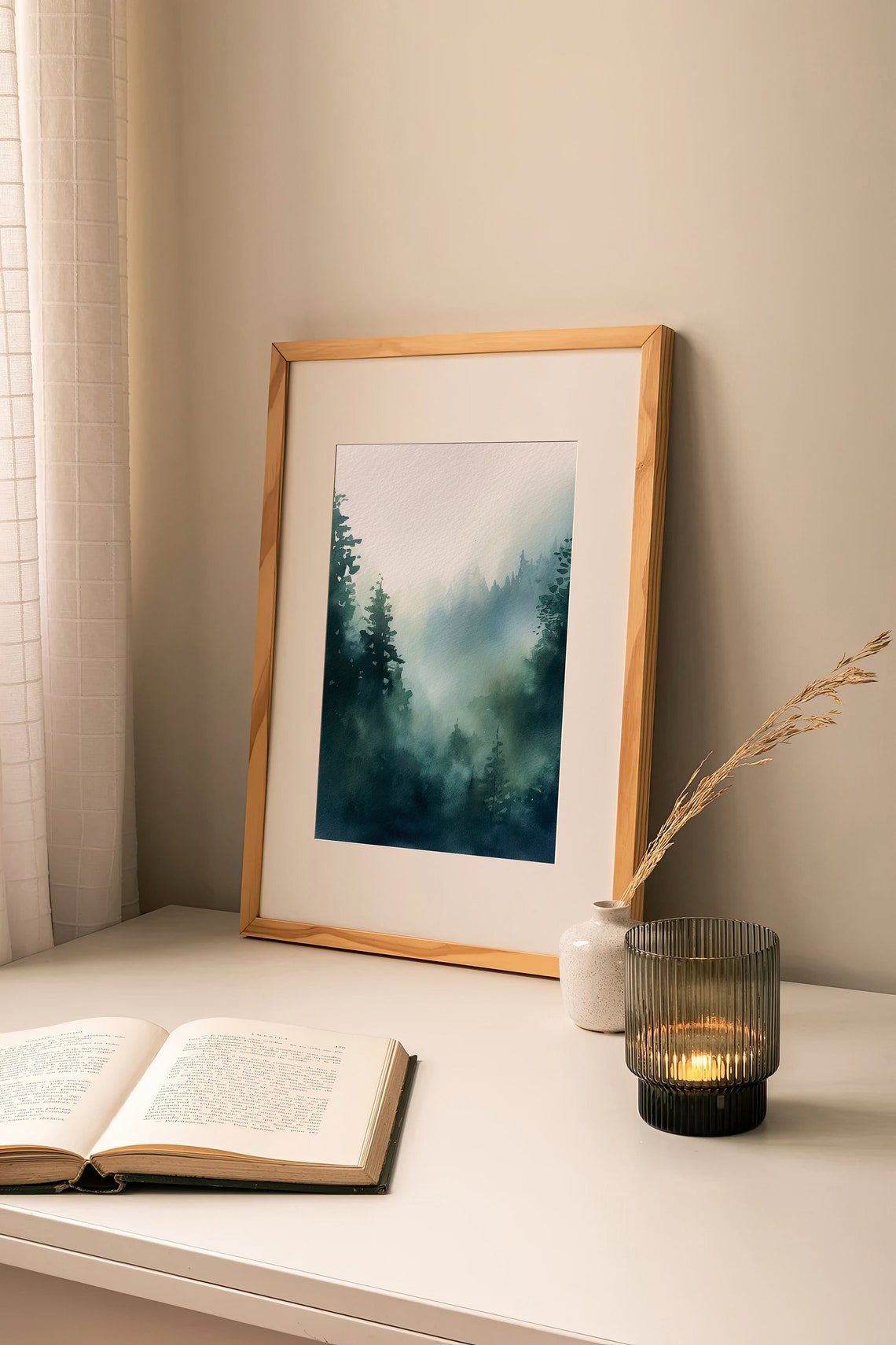 Stunning Teal Foggy Pine Forest Mountain Mist Watercolor Poster - Image 3