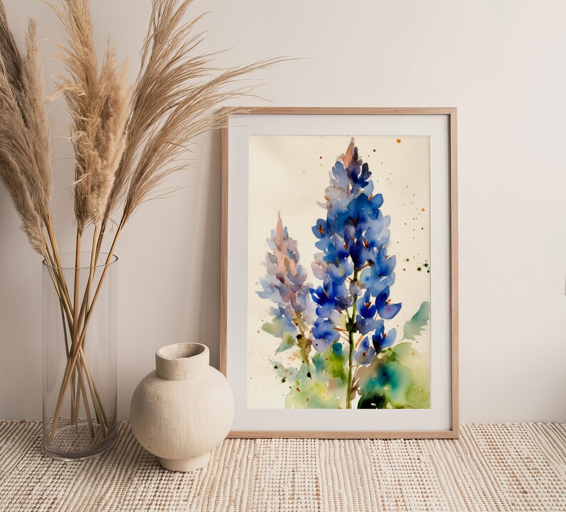 Bluebonnet Wildflowers Watercolor Blue Floral Meadow Art Poster - Image 3