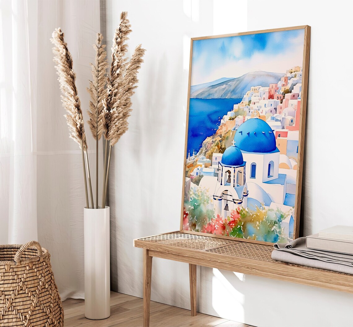 Santorini Watercolor Painting Greece Art Print - Image 2