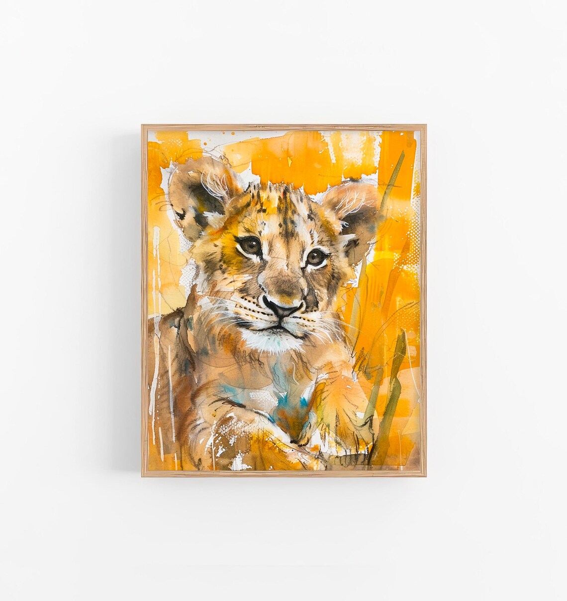 Lion Cub Watercolor Portrait Golden Safari Wildlife Nature Art Poster