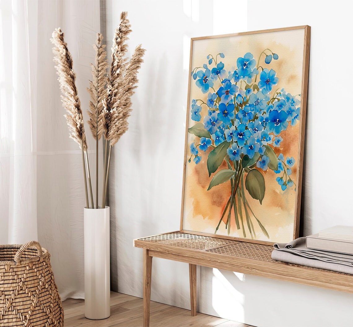 Blue Forget Me Not Flowers Bouquet Watercolor Botanical Wall Art - Image 4