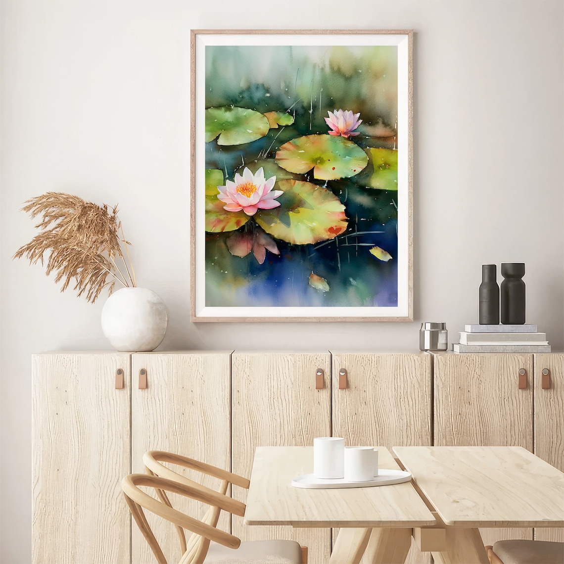 Pink Water Lily Pond Blossoms Watercolor Floral Scene Poster - Image 5