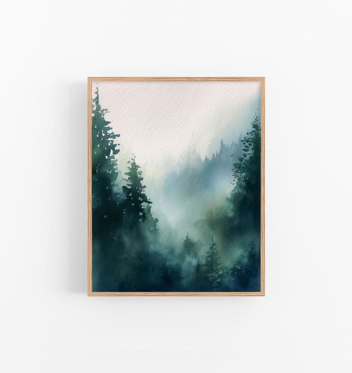 Stunning Teal Foggy Pine Forest Mountain Mist Watercolor Poster