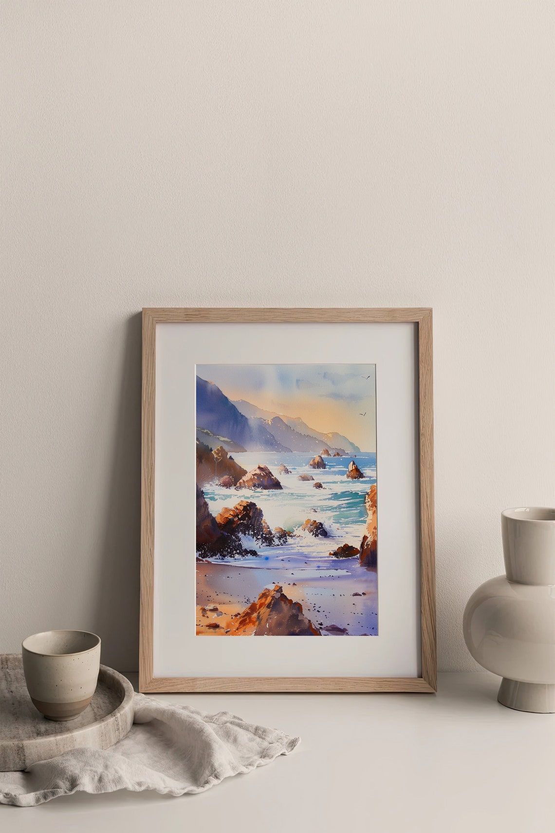 Big Sur Rocky Coastline Sunset Waves Watercolor Seascape Poster - Image 4