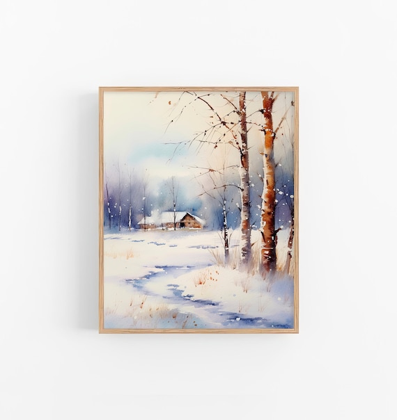 North Dakota Winter Watercolor Snowy Cabin Birch Trees Scene Poster