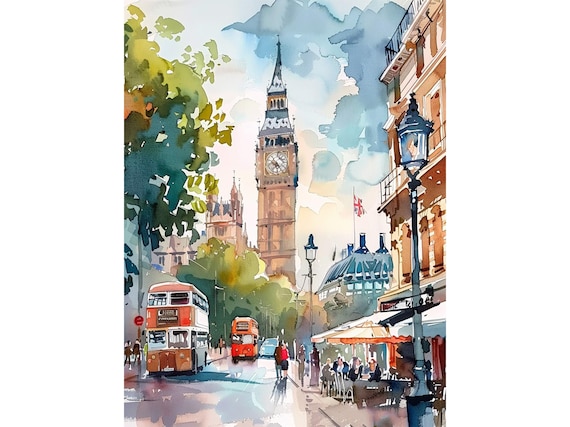 London Cityscape Watercolor Big Ben Travel Poster