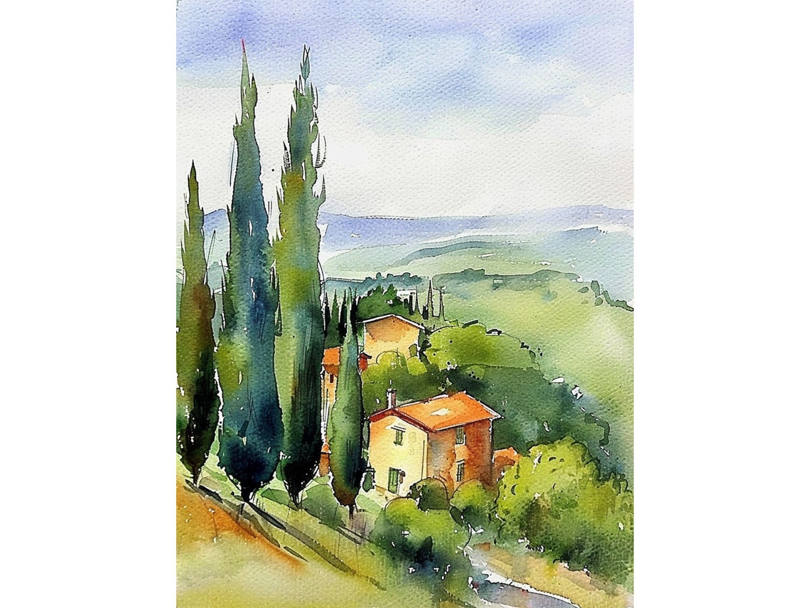 Tuscany Rustic Farmhouse Cypress Trees Rolling Hills Watercolor Poster
