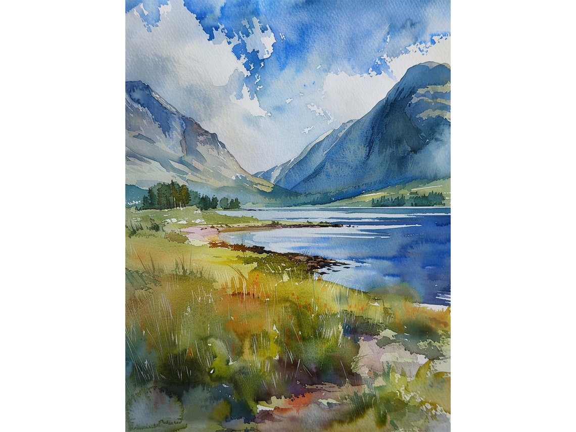 Alpine Blue Mountain Lake Valley Watercolor Landscape Poster