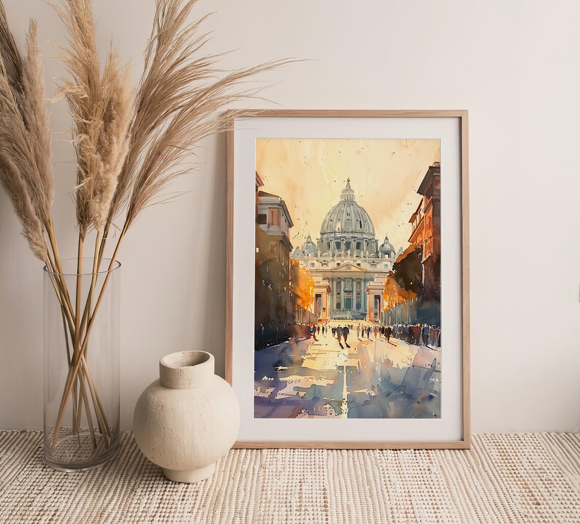 St Peters Basilica Rome Watercolor Vatican Dome Street Scene Print - Image 4
